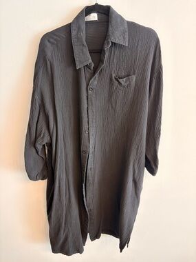 Relaxed Black Midi Shirt Dress with Button-Front